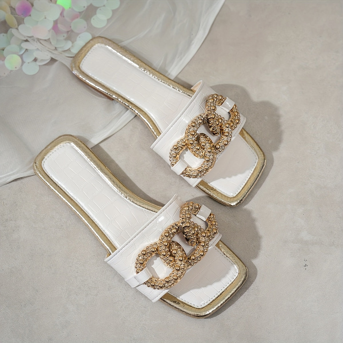 Women'S Solid Color Square Toe Flat Sandals, Fashion Slip-on Beach Slippers with TPR Sole, Man-Made Materials Upper/Inner/Insole, Comfortable Flat Heel